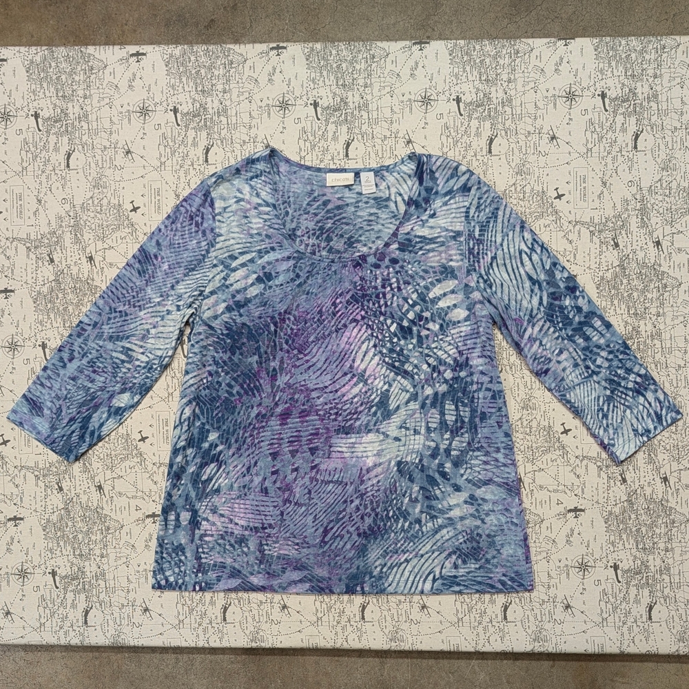 Chico's Abstract Blue and Purple Scoop Neck Top Size 2
